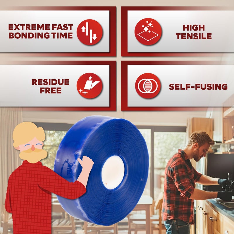 XFasten Self Fusing Silicone Tape Waterproof â€“ 1" x 36 Feet Blue, Self Amalgamating Tape, Silicone Rubber for Plumbing, Sealing Pipes, Hose Repair, Outdoor Coax and Electrical Cables â€“ Weatherproof - Image 3